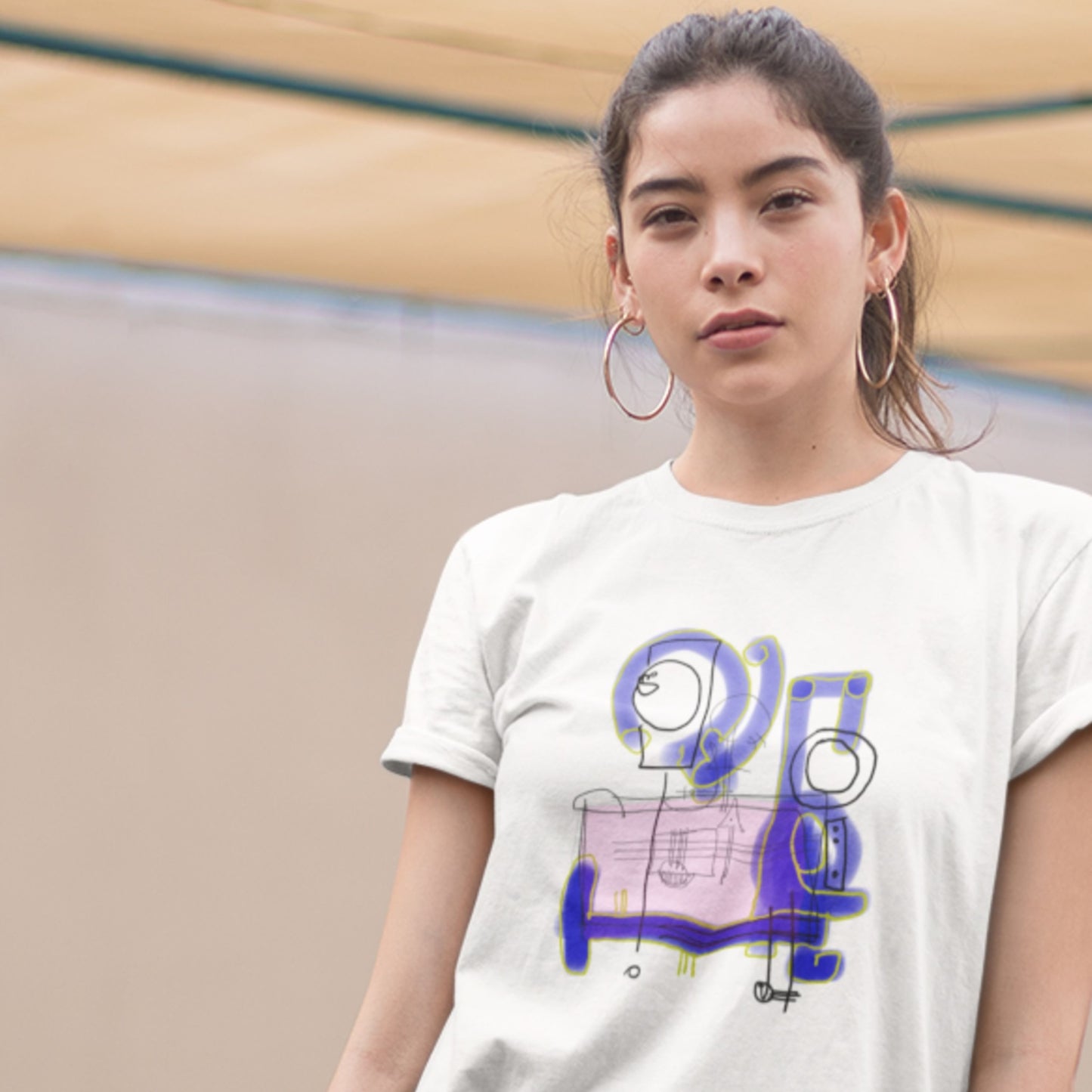 Skeptical woman wearing a white t-shirt with a colorful diagram drawing on a beige background.