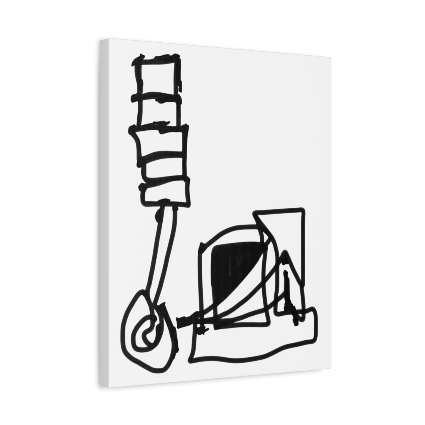 Abstract colorful canvas artwork titled ‘Crank’ displayed on a white wall, showing layered line design in vibrant colors, angled for dimension.