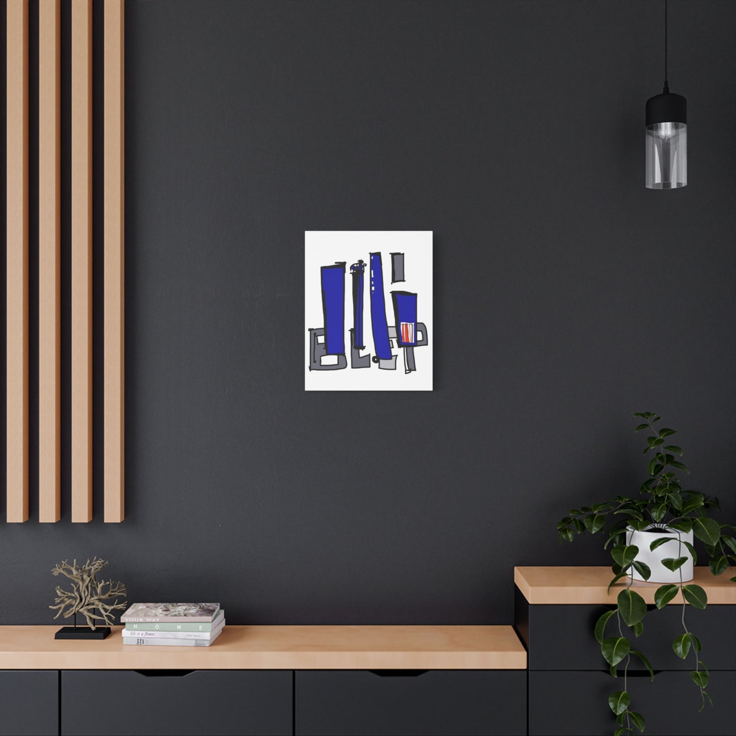 Abstract artwork on a black wall with wooden shelves and decor.