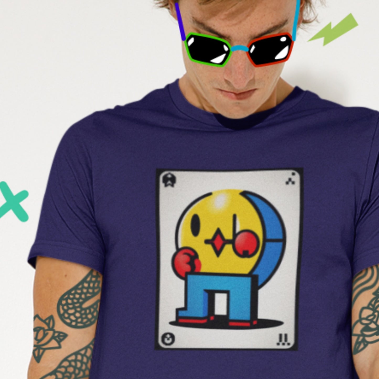 Person wearing a purple t-shirt with a cartoon character design on a white background.