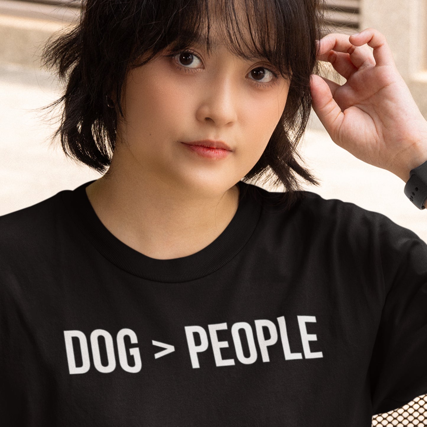 dog > people text t-shirt black dog lover design model