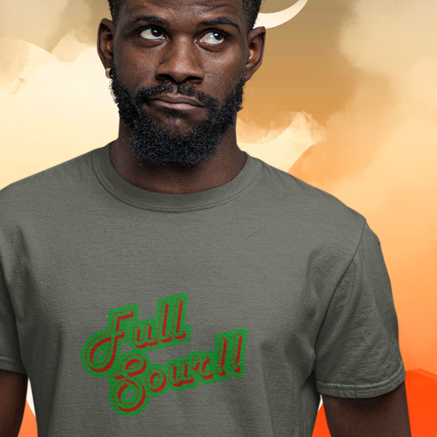 Man wearing an army green t-shirt with colorful humorous text on a smoky background.