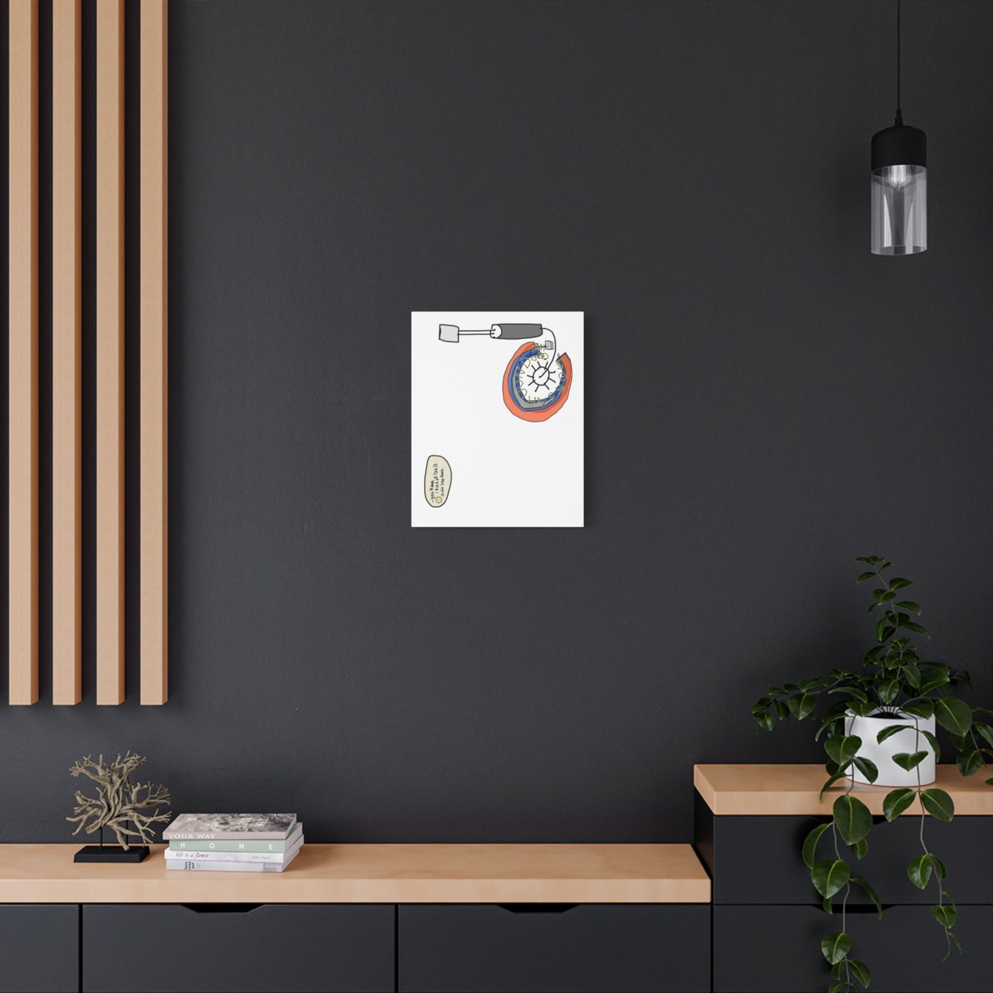 Abstract drawing of possibly a clock and screwdriver on a black wall with wooden shelves and plants.