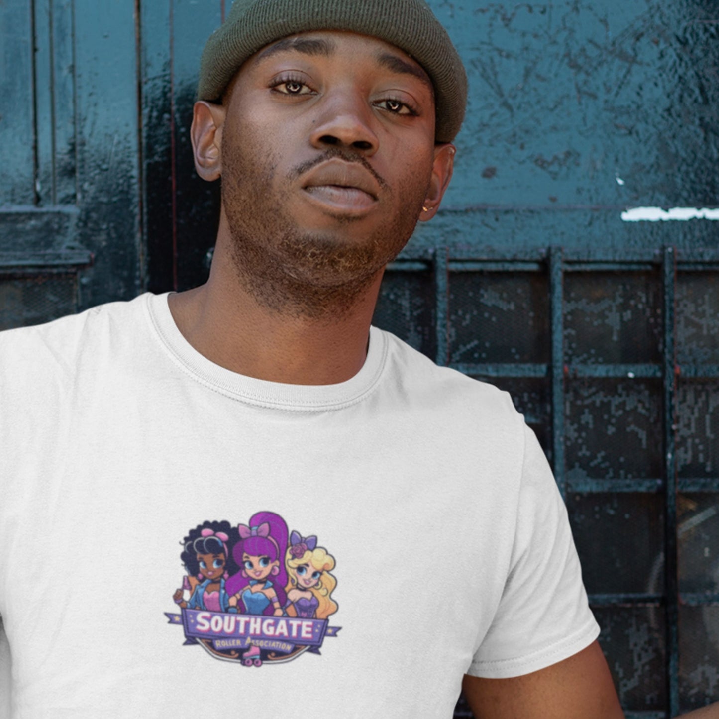 Model wearing a white shirt with a group photo of cartoon character super group Southgate Roller Association