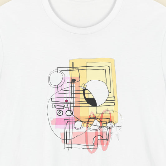 White t-shirt with a colorful abstract system diagram drawing on a beige background.