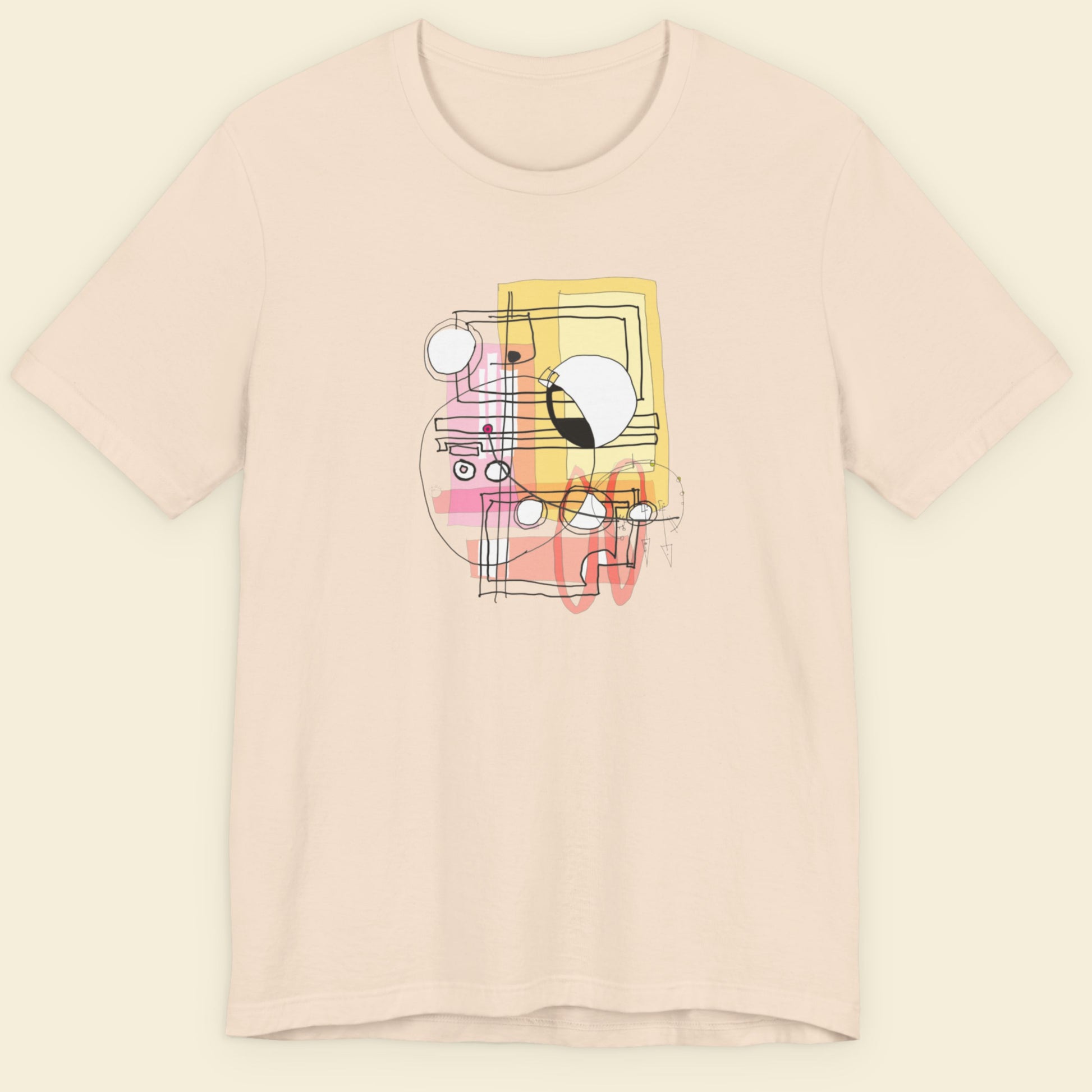 Beige t-shirt with a colorful abstract system diagram drawing on a beige background.
