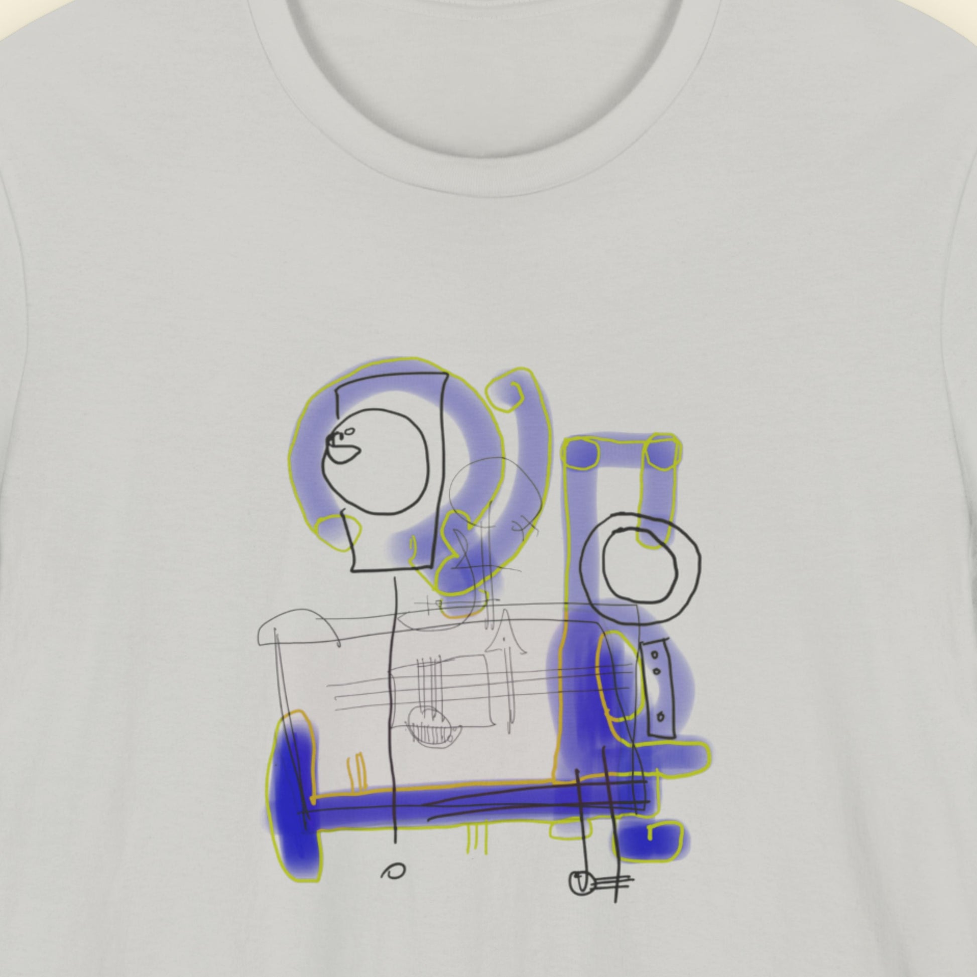t-shirt with a colorful abstract drawing on a beige background.
