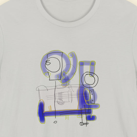 t-shirt with a colorful abstract drawing on a beige background.