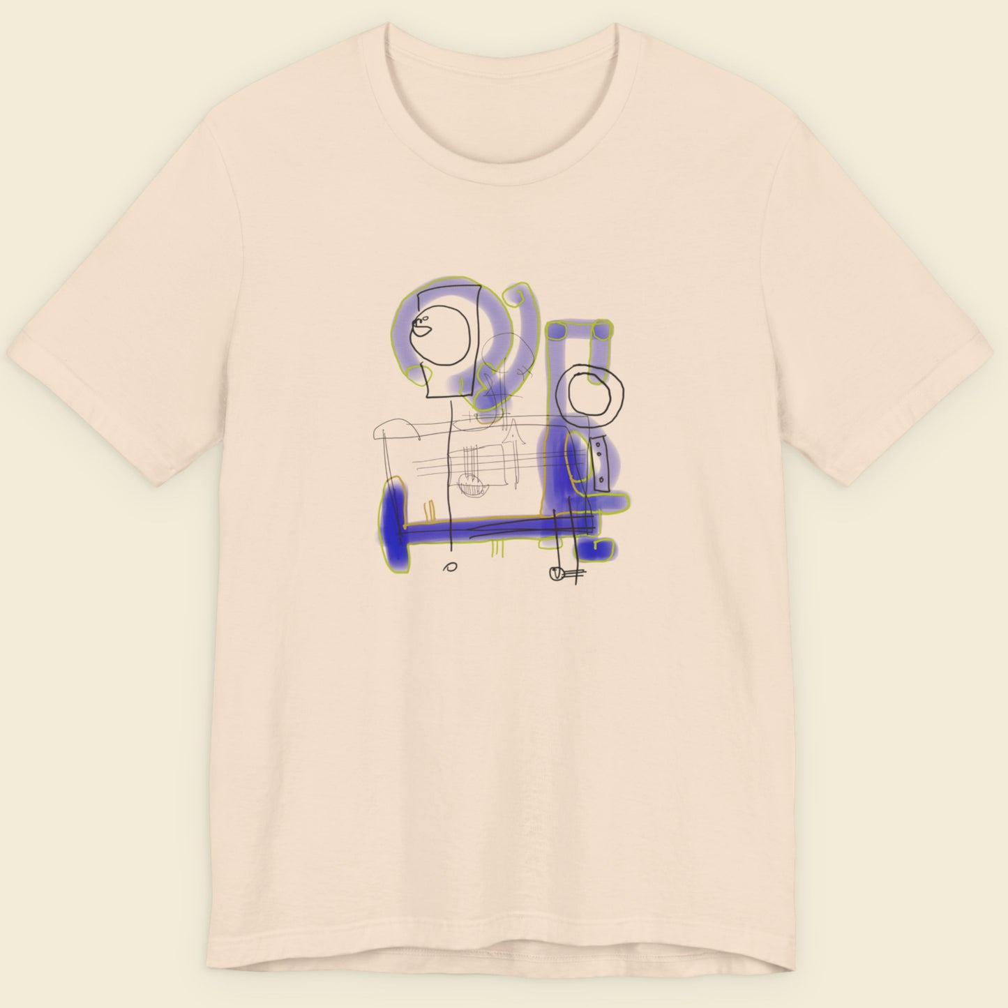 Beige t-shirt with a colorful diagram drawing on a beige background.