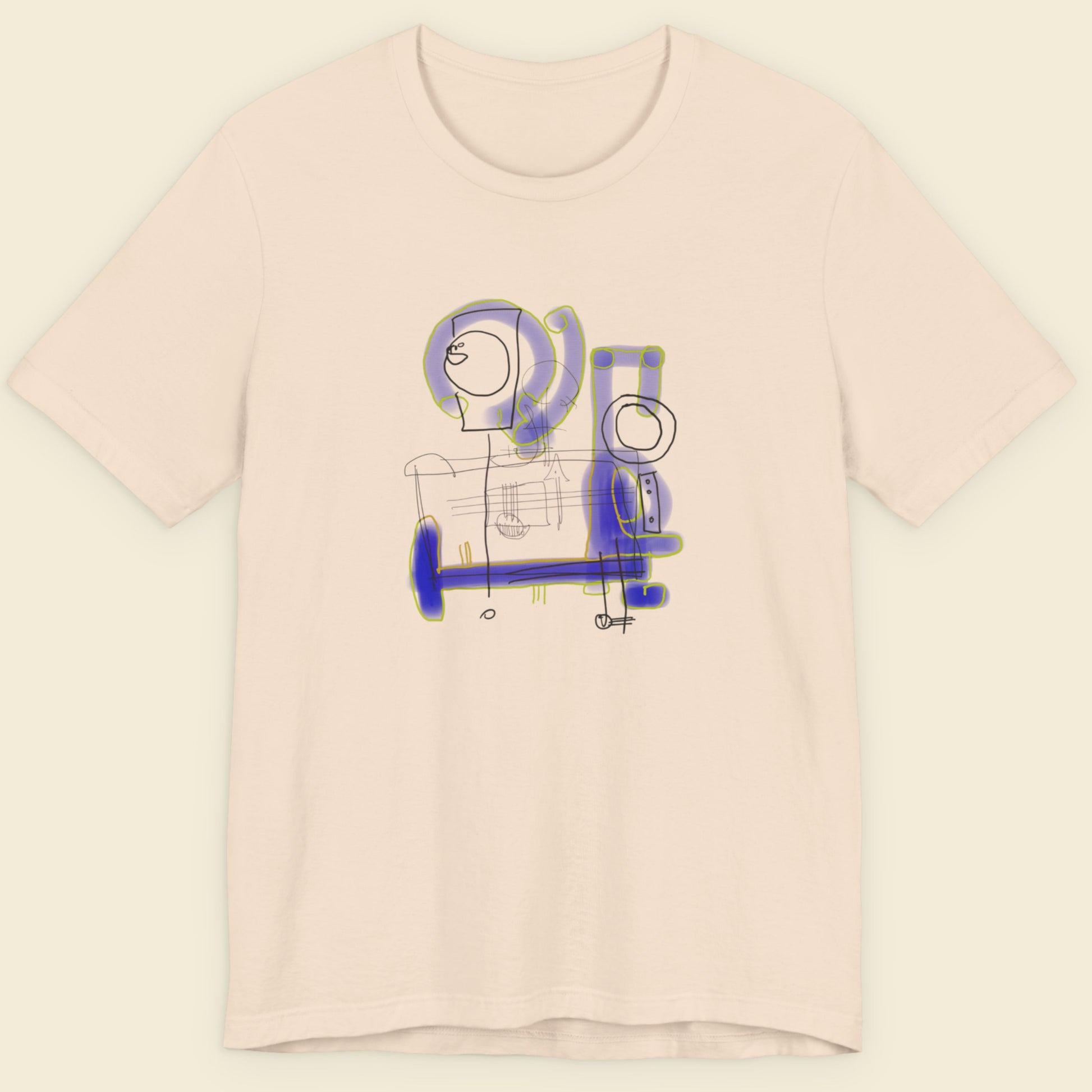 Beige t-shirt with a colorful diagram drawing on a beige background.