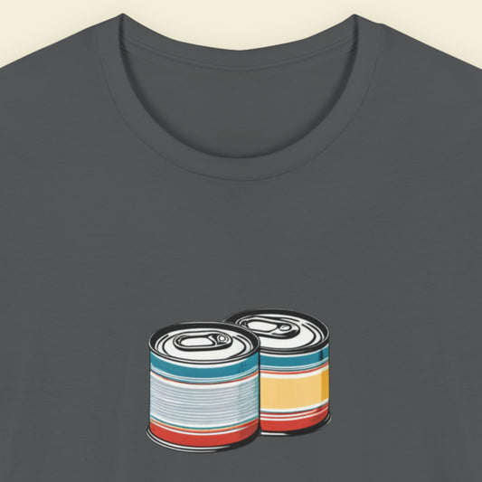Dark grey t-shirt with a drawing of 2 colorful cans on a beige background.