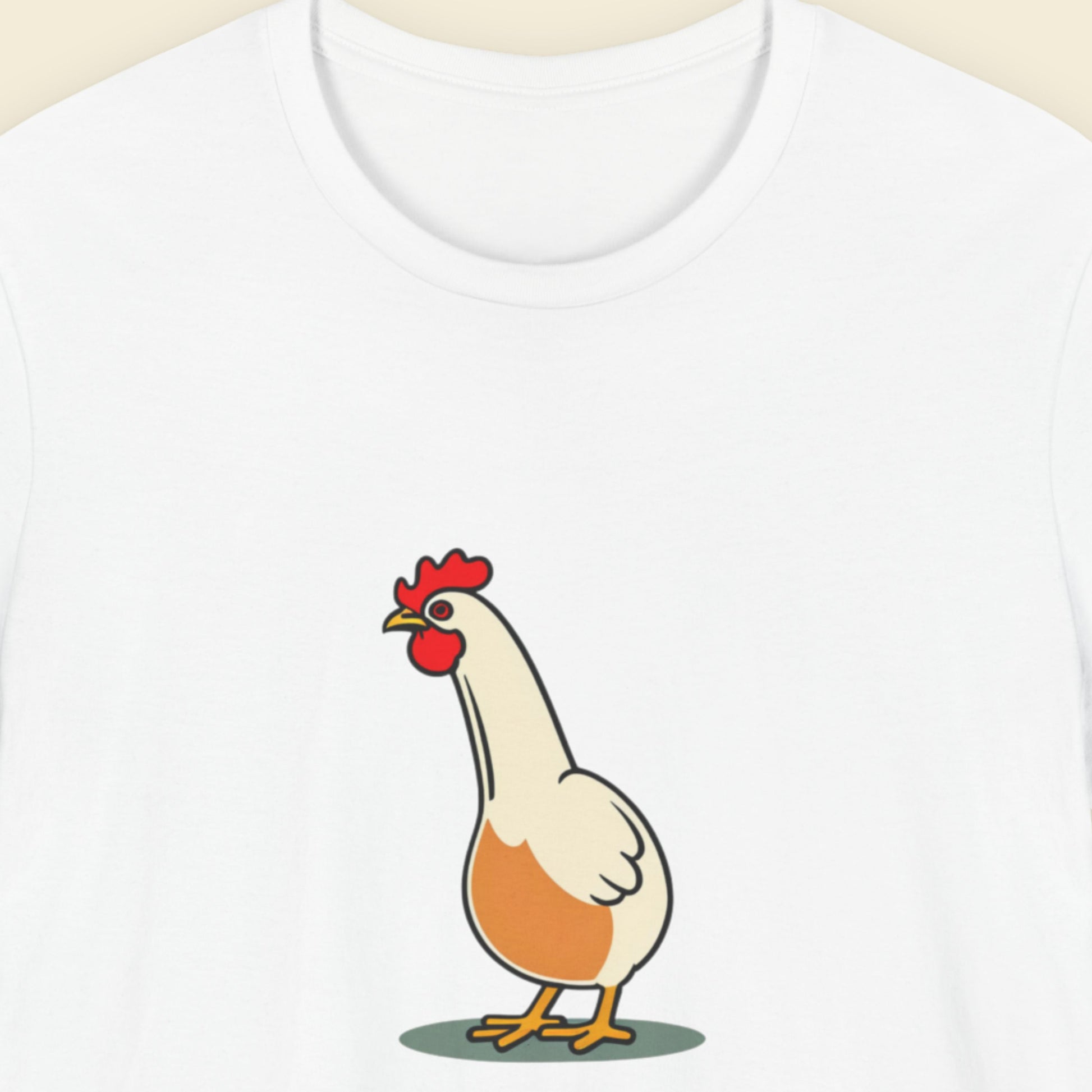 White t-shirt with a simple cartoon illustration of a chicken.