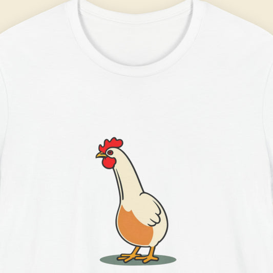 White t-shirt with a simple cartoon illustration of a chicken.