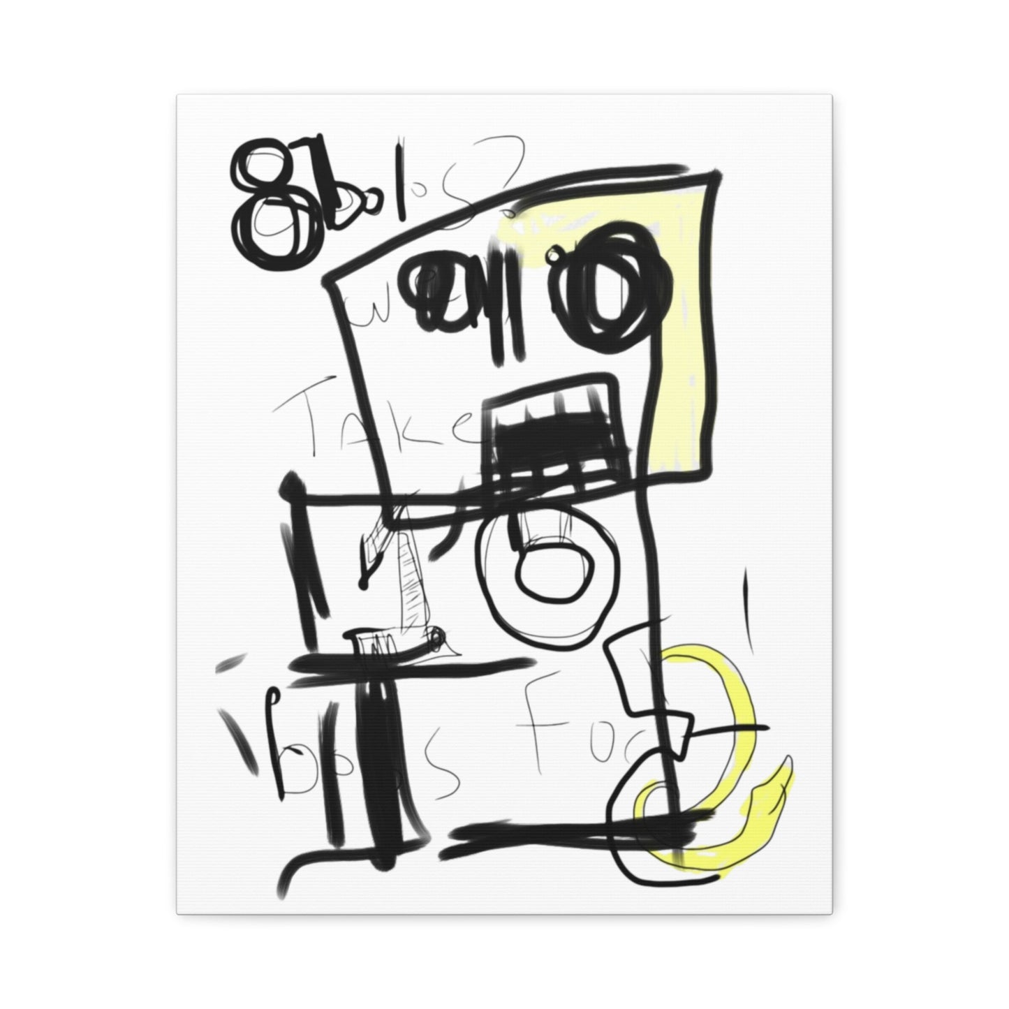 Abstract artwork with black and yellow shapes on a white background.