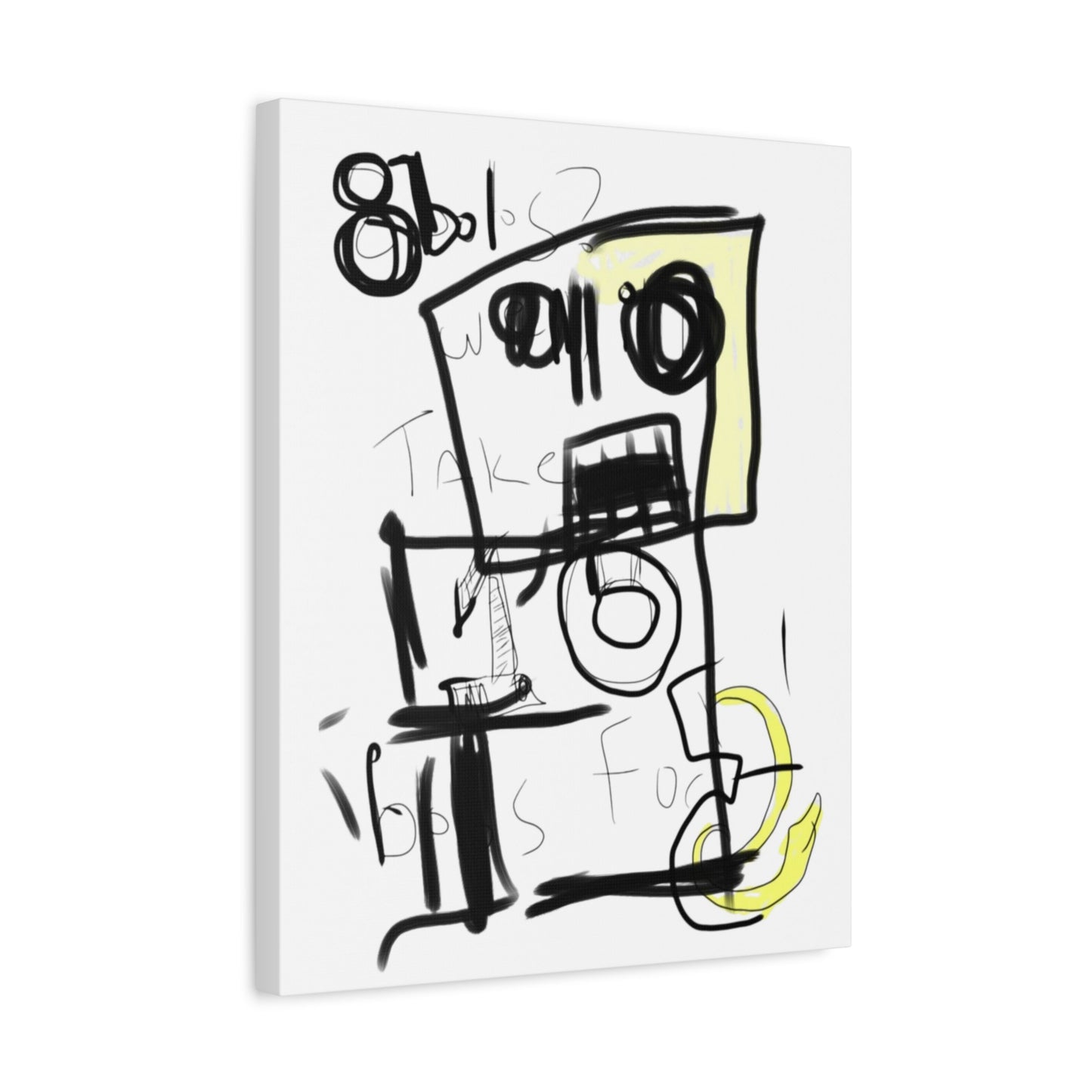 Angled view of an abstract black and white artwork with text on a white background.