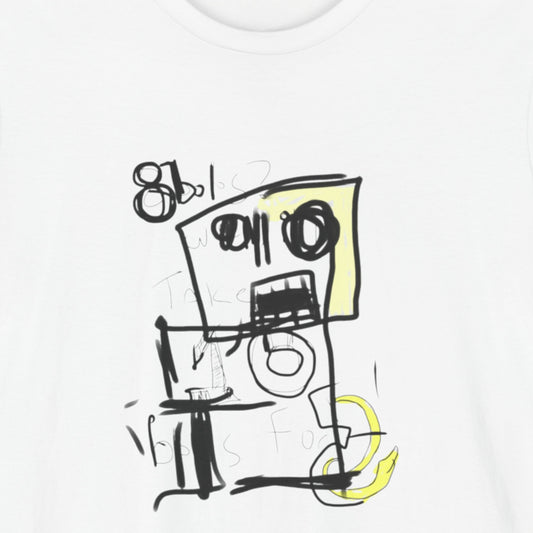 White t-shirt with a colorful abstract drawing.