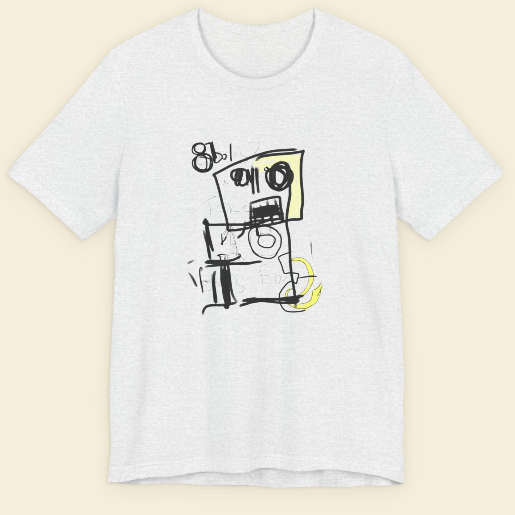 Ash grey t-shirt with a cartoon robot design on a beige background.