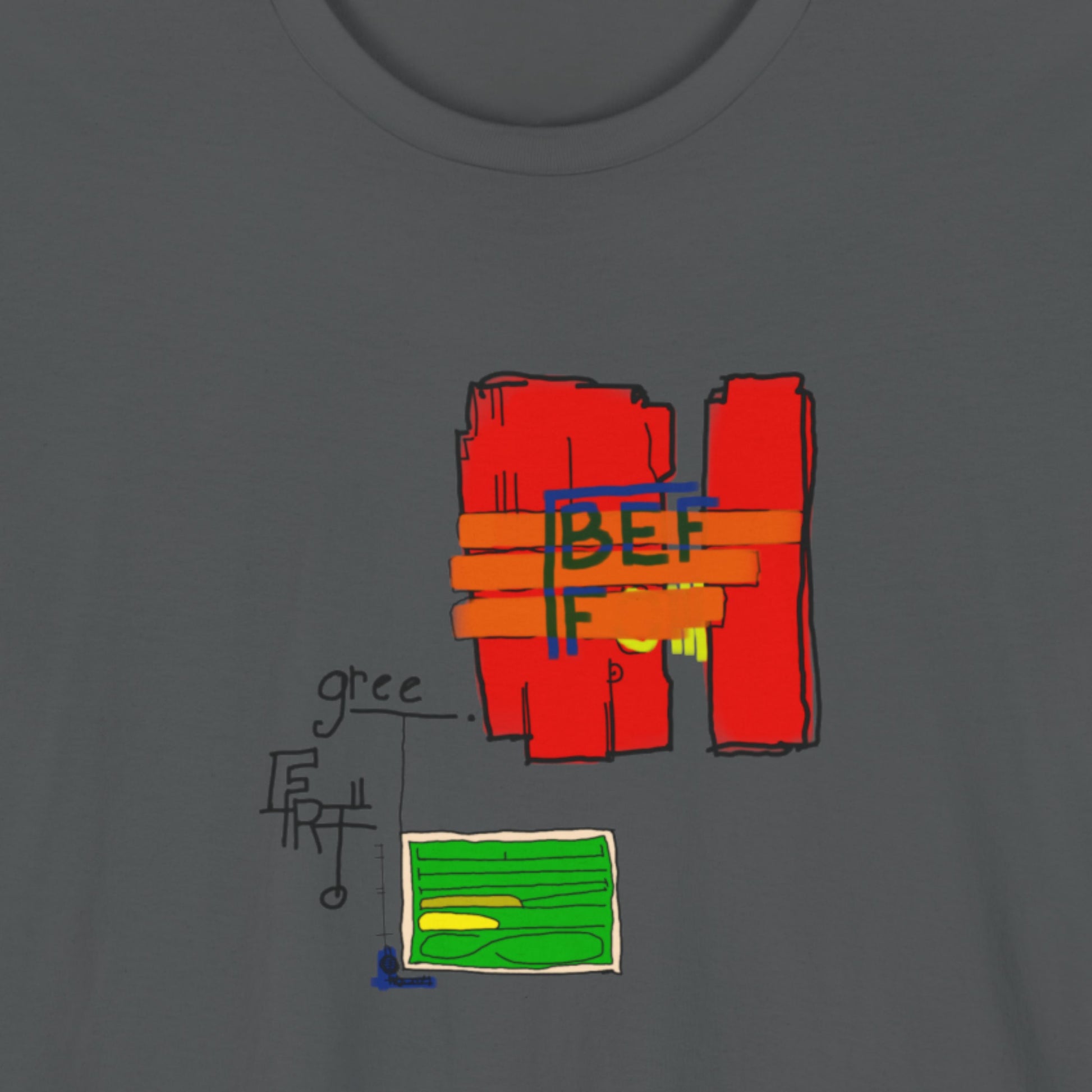 Grey t-shirt with a colorful 'BEFF' abstract drawing on a beige background.