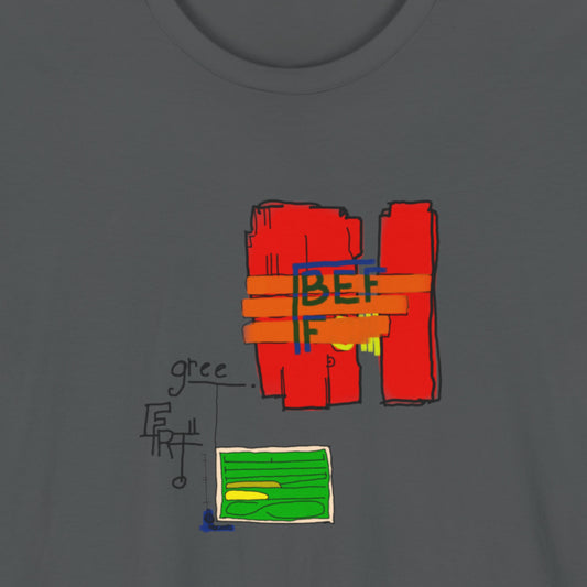 Grey t-shirt with a colorful 'BEFF' abstract drawing on a beige background.