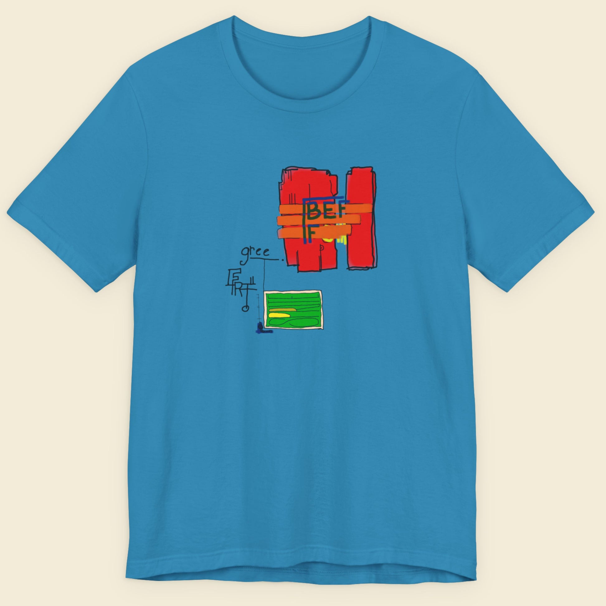 Aqua blue t-shirt with a colorful 'BEFF' abstract drawing on a beige background.