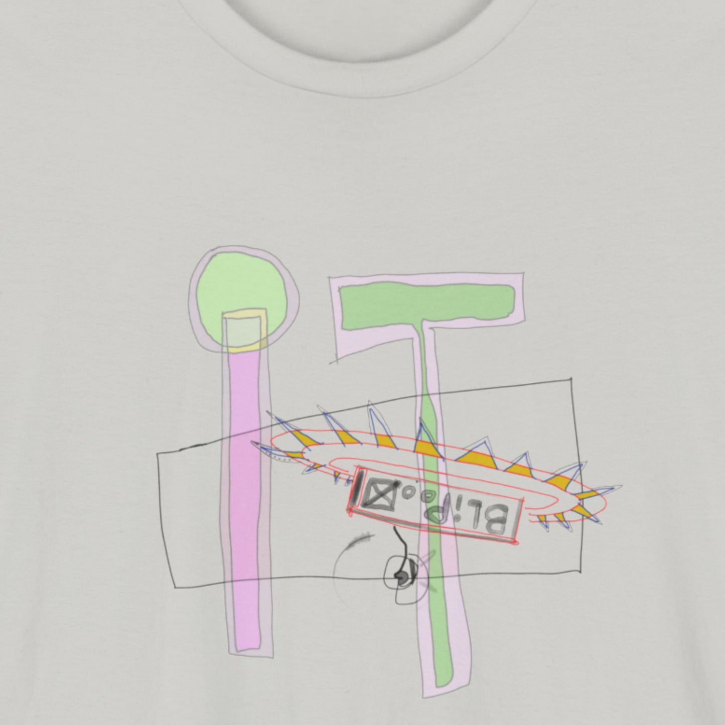 Light grey t-shirt with a colorful abstract drawing on a beige background.