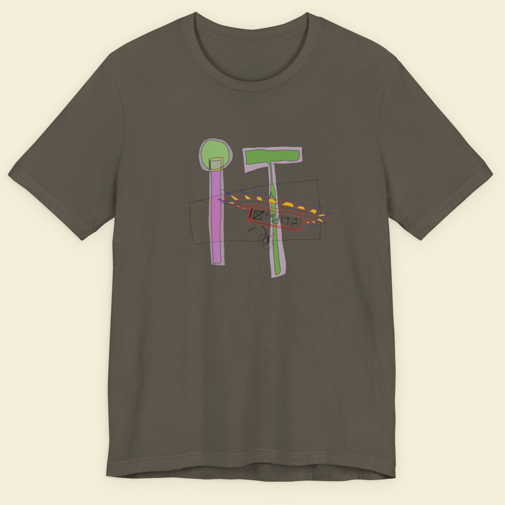 Army green t-shirt with a colorful abstract drawing on a beige background.