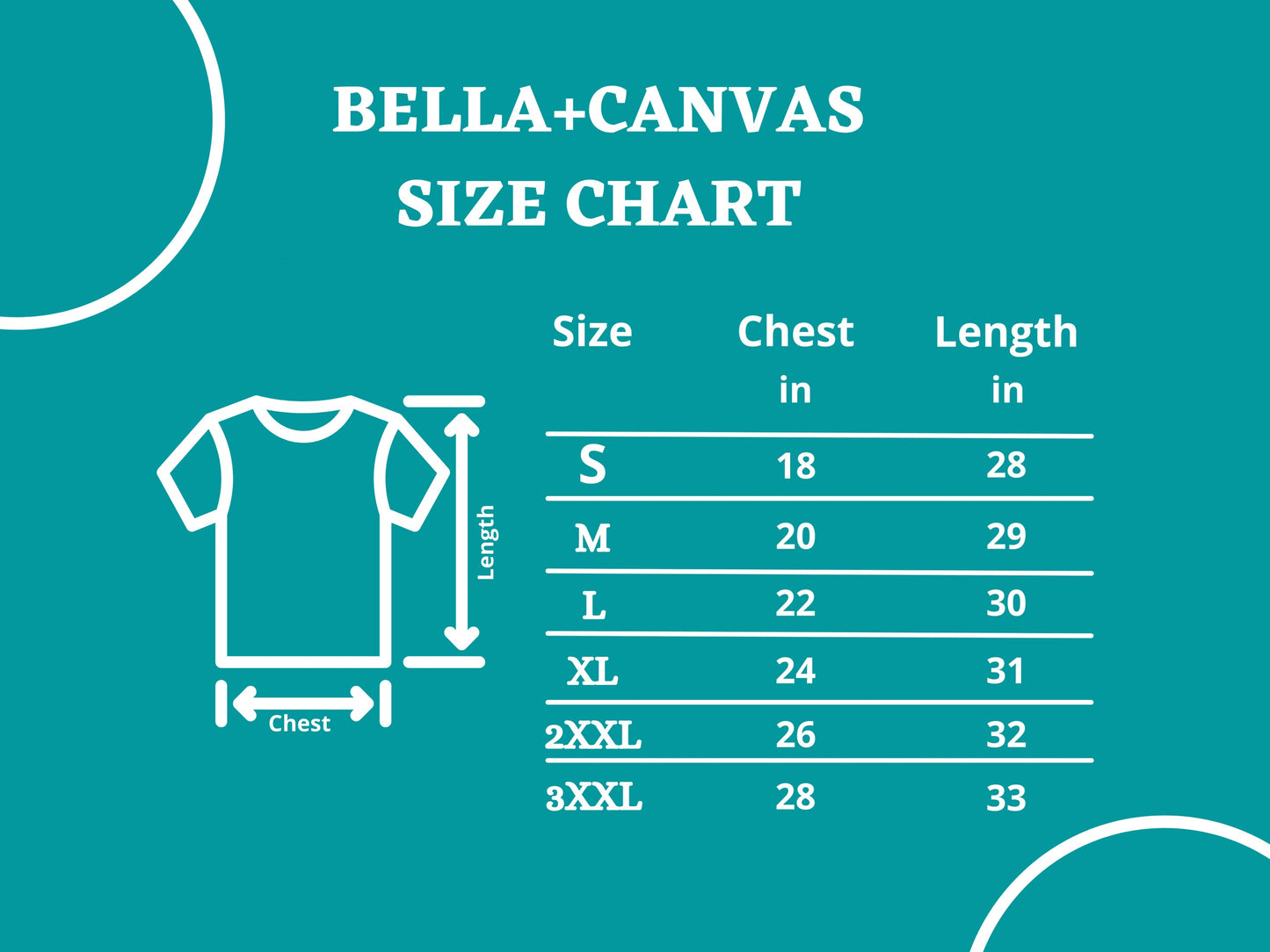 Bella Canvas T-shirt sizing chart.