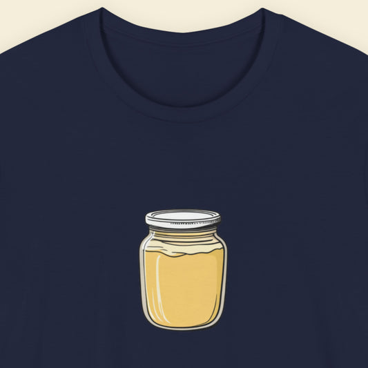 Navy blue t-shirt with an illustration of a jar of dijon on a beige background.