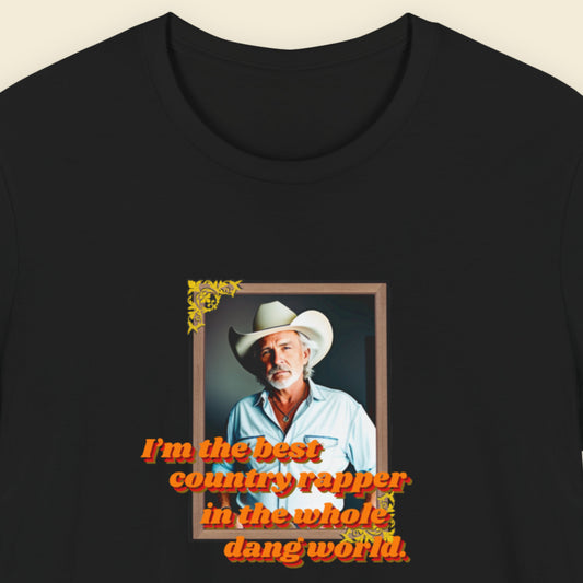 Black t-shirt with a graphic of a man in a cowboy hat and text on a beige background