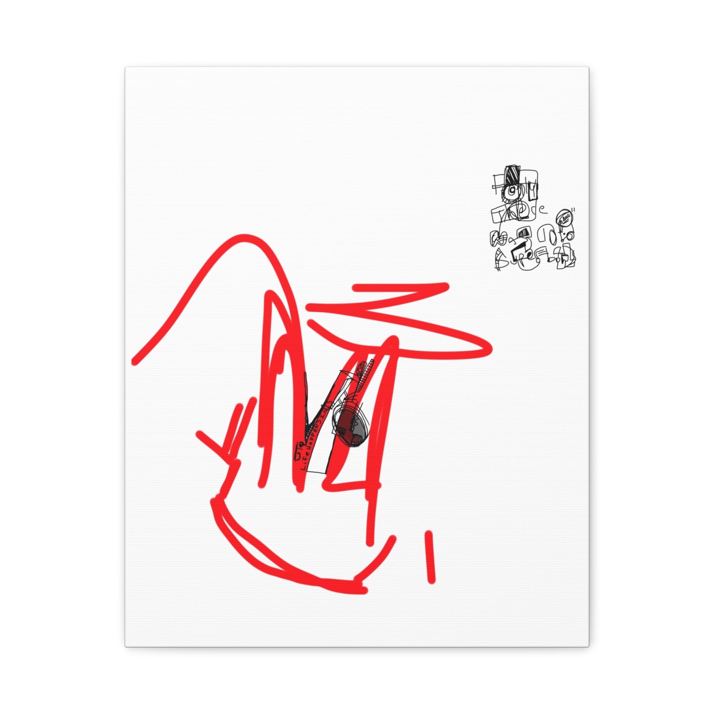 Abstract artwork with red lines and black text on a white background