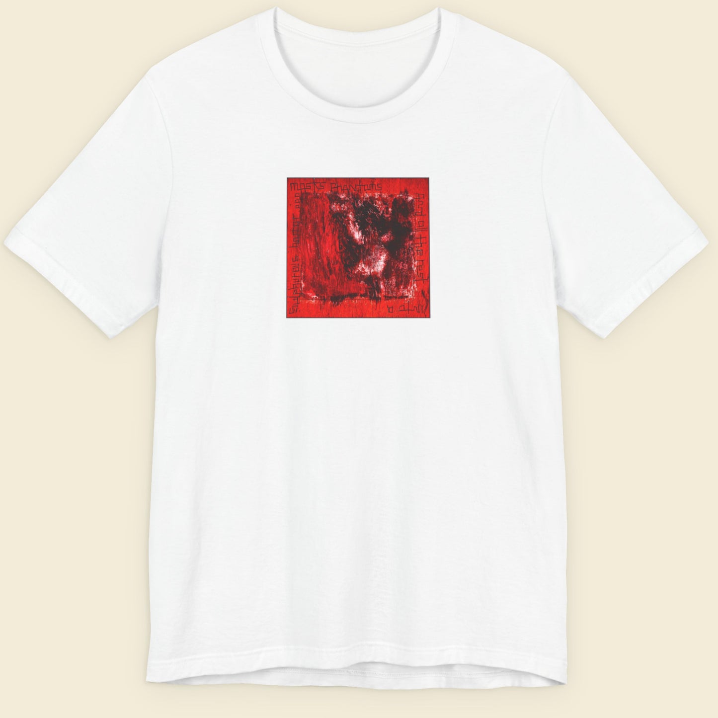 White t-shirt with a red abstract design on a beige background