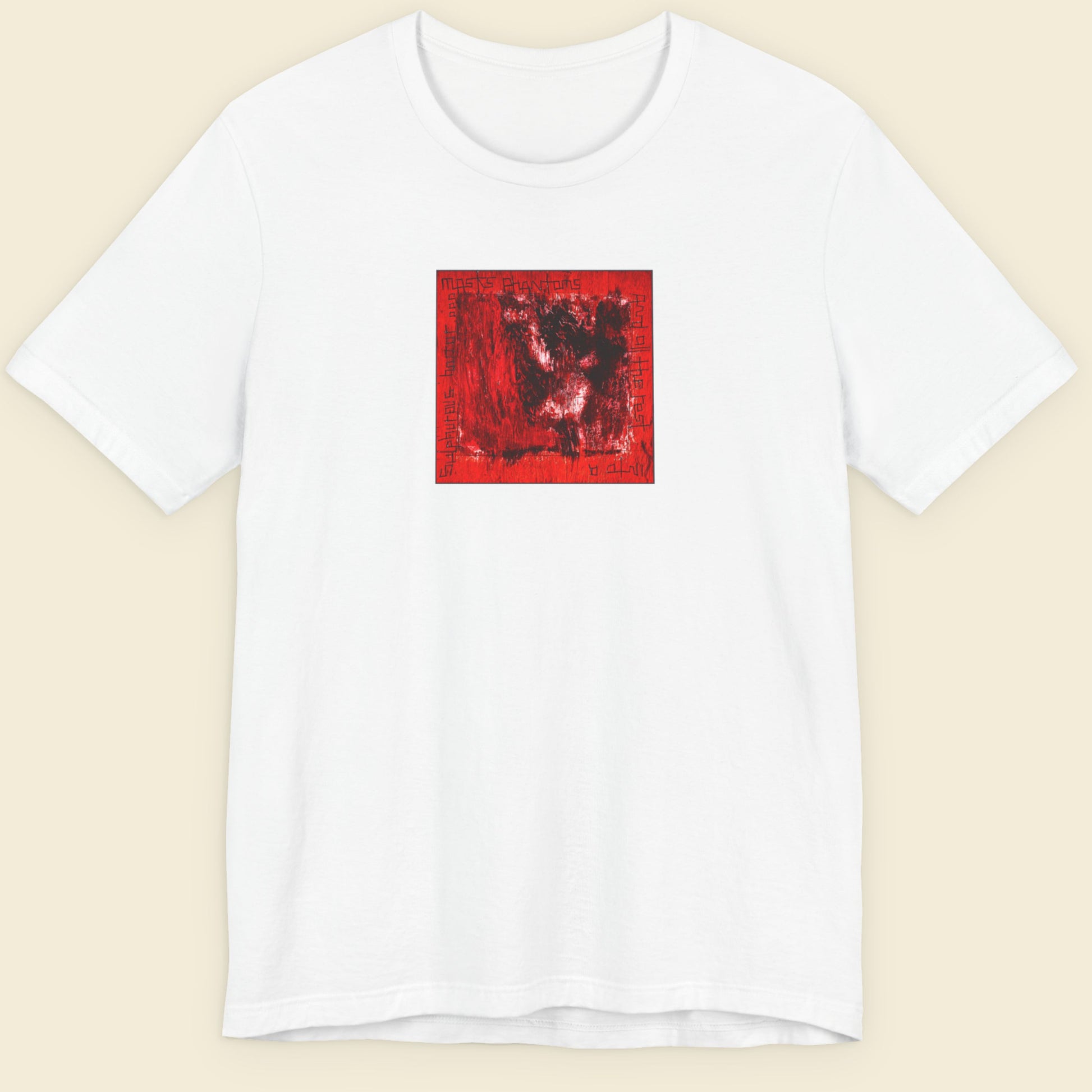 White t-shirt with a red abstract design on a beige background