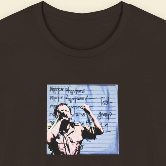 brown shirt with blue and white music graphic design for the band masks phantoms