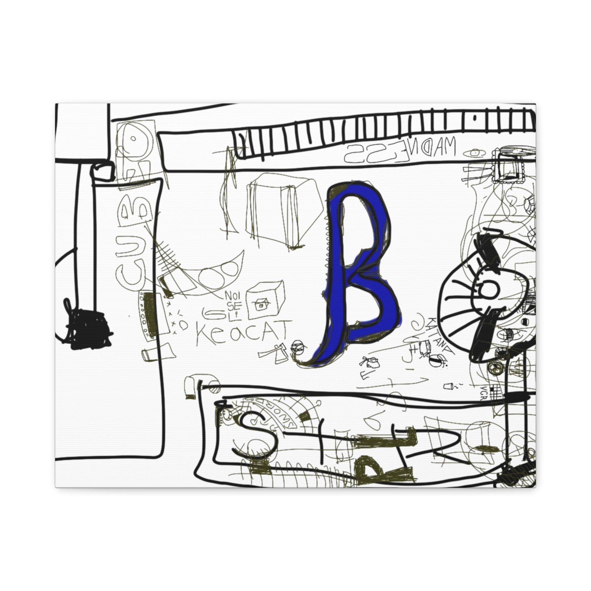 White pillowcase with black and blue designs and letter 'B' on a white background