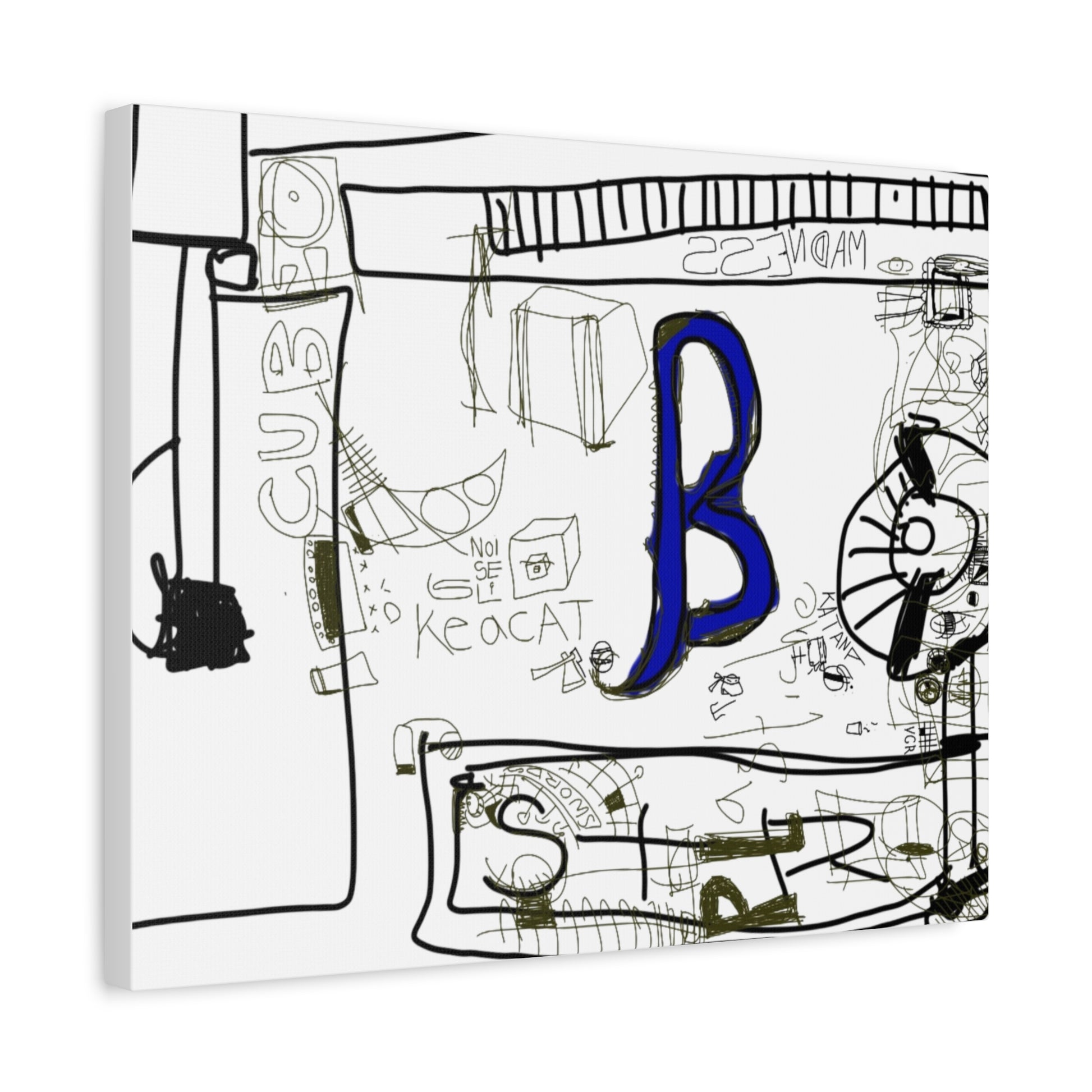 Abstract artwork with various shapes and text on a white background