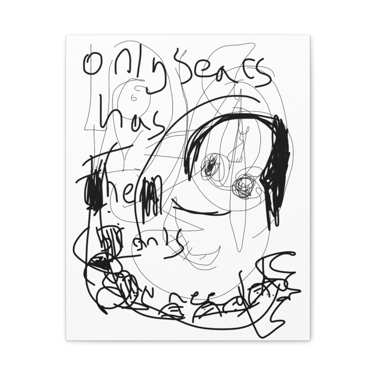 Black line art of a character with text on a white background