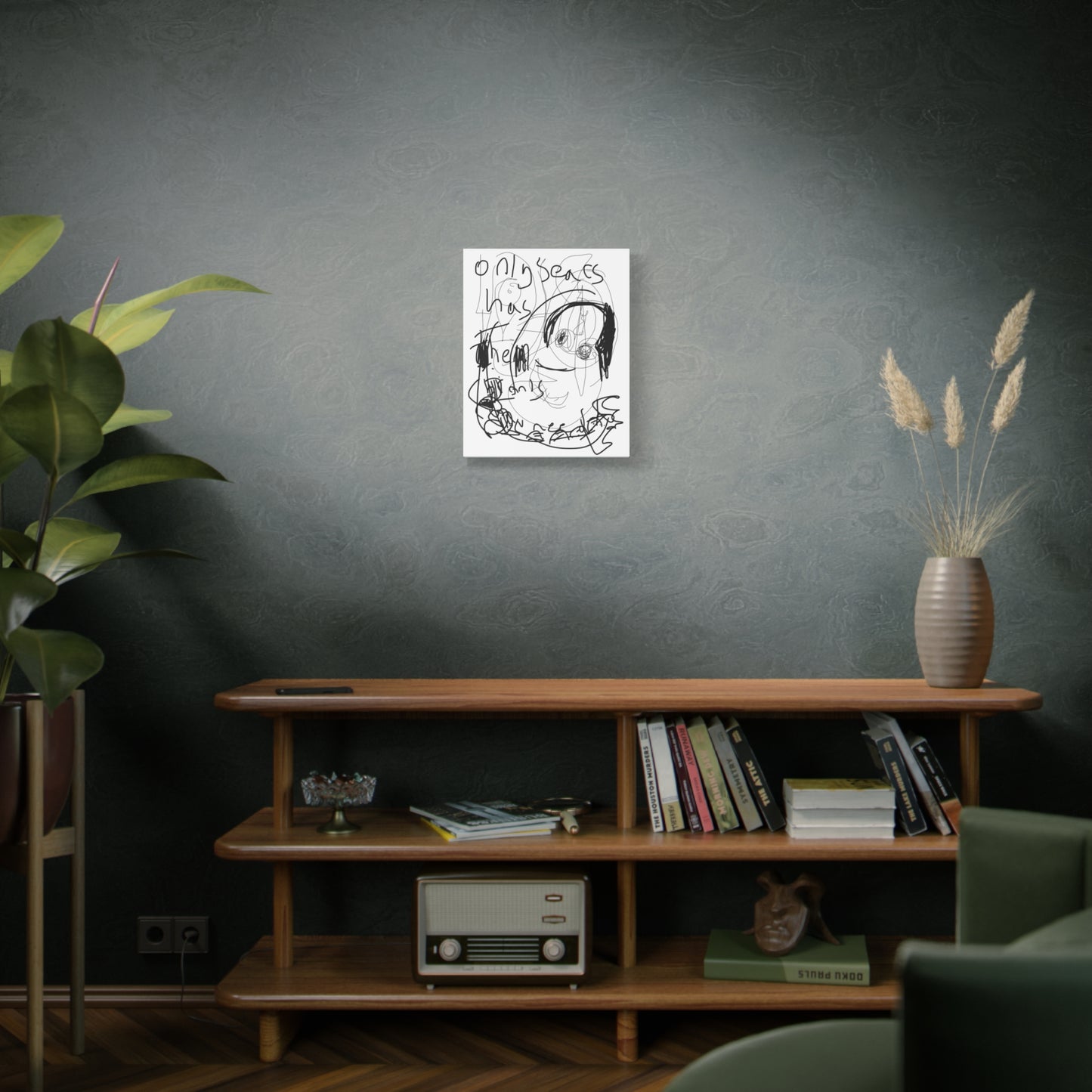 Room interior with a wooden shelf, books, a plant, and an abstract drawing on a dark wall.