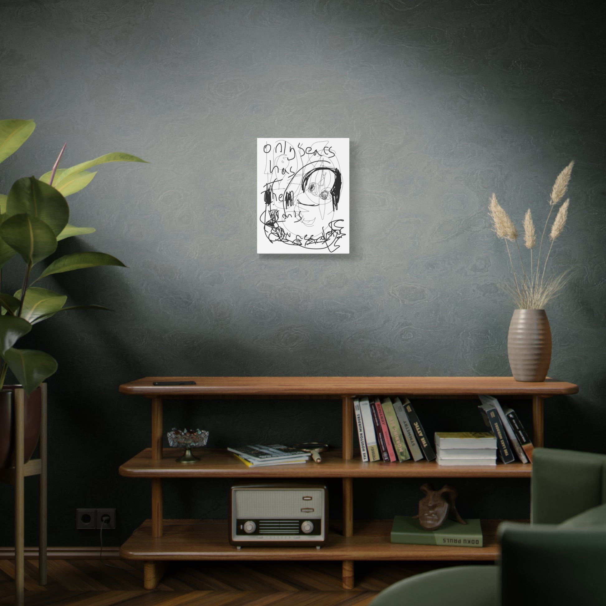 Room interior with a wooden shelf, books, a plant, and an abstract drawing on a dark wall.