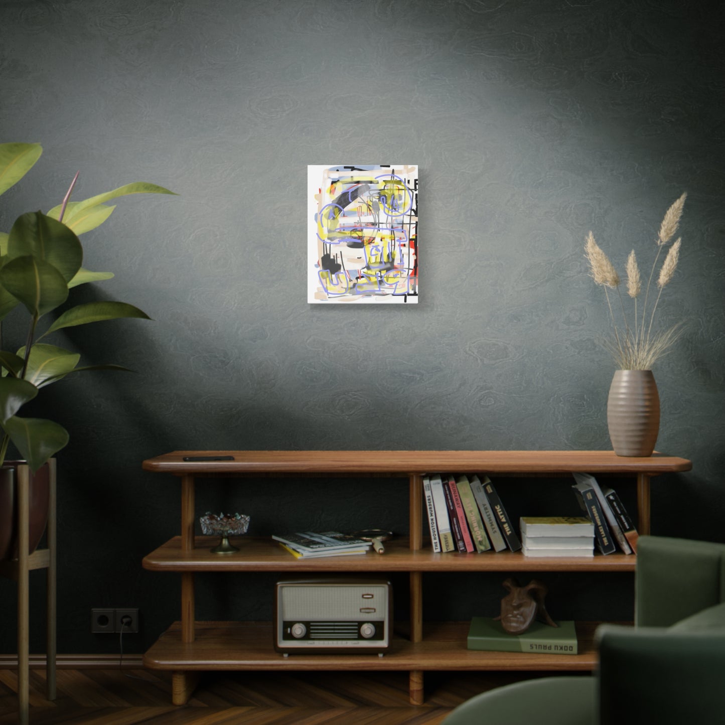 Modern living room with a dark wall, wooden shelf, and abstract painting.