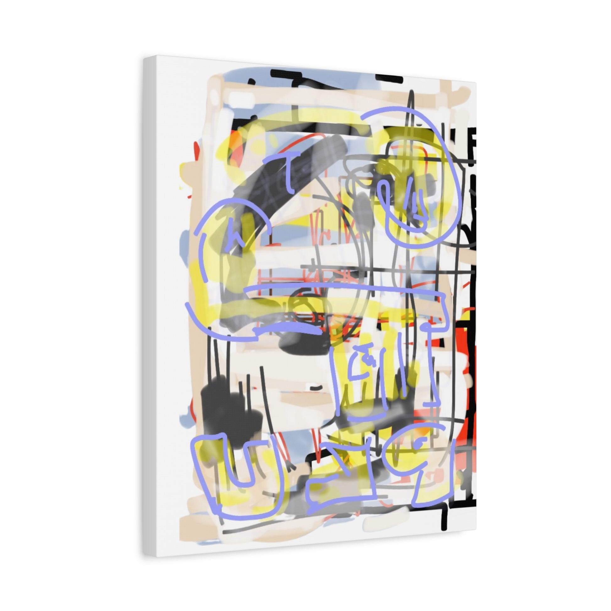 Abstract art piece with colorful shapes and text on a white background