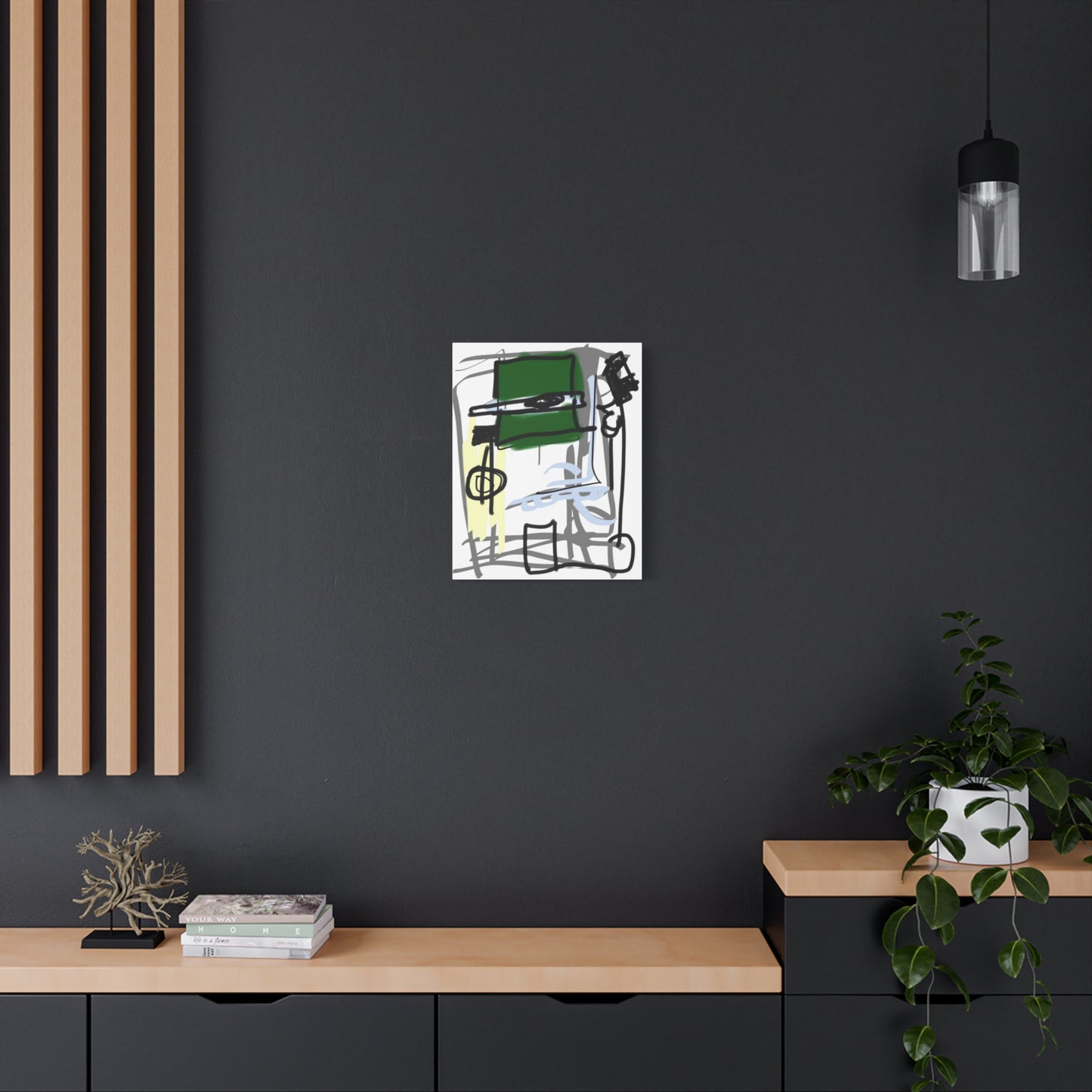Abstract artwork on a dark wall with wooden shelves and decor.