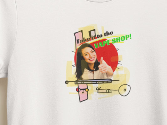 White t-shirt with colorful graphic design featuring a person and text on a white background