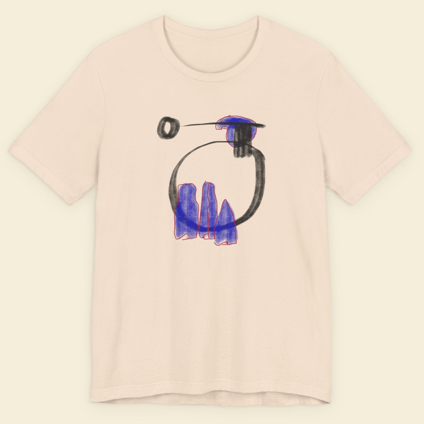 Beige t-shirt with a colorful abstract drawing on a beige background.