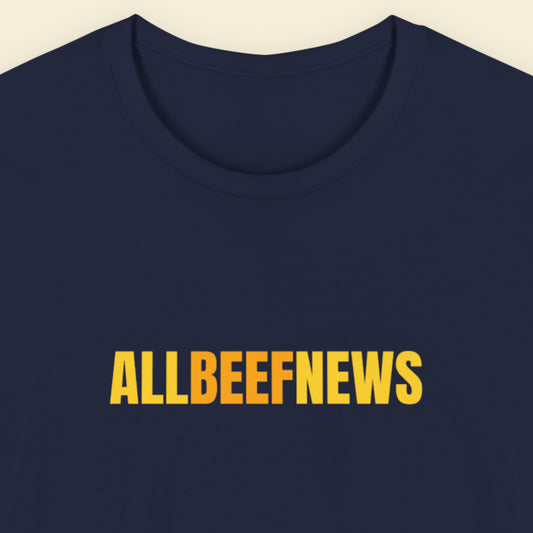Navy blue t-shirt with humorous colorful ALLBEEFNEWS text on a beige background.