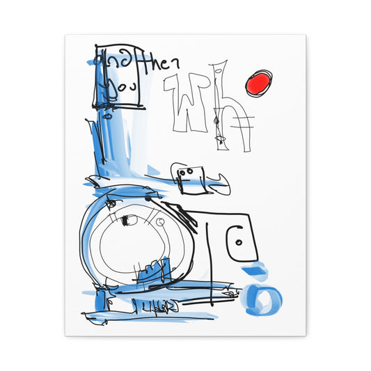 Abstract drawing of a what appears to be a blue machine with text and a red circle on a white background.