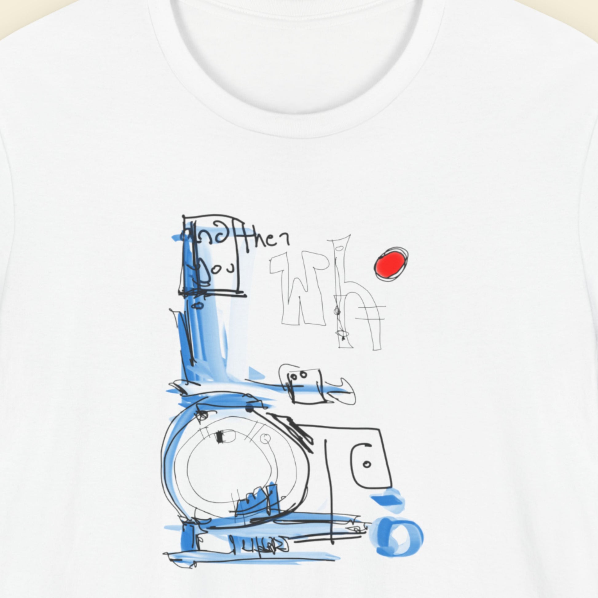 White t-shirt with a colorful abstract drawing on a beige background.