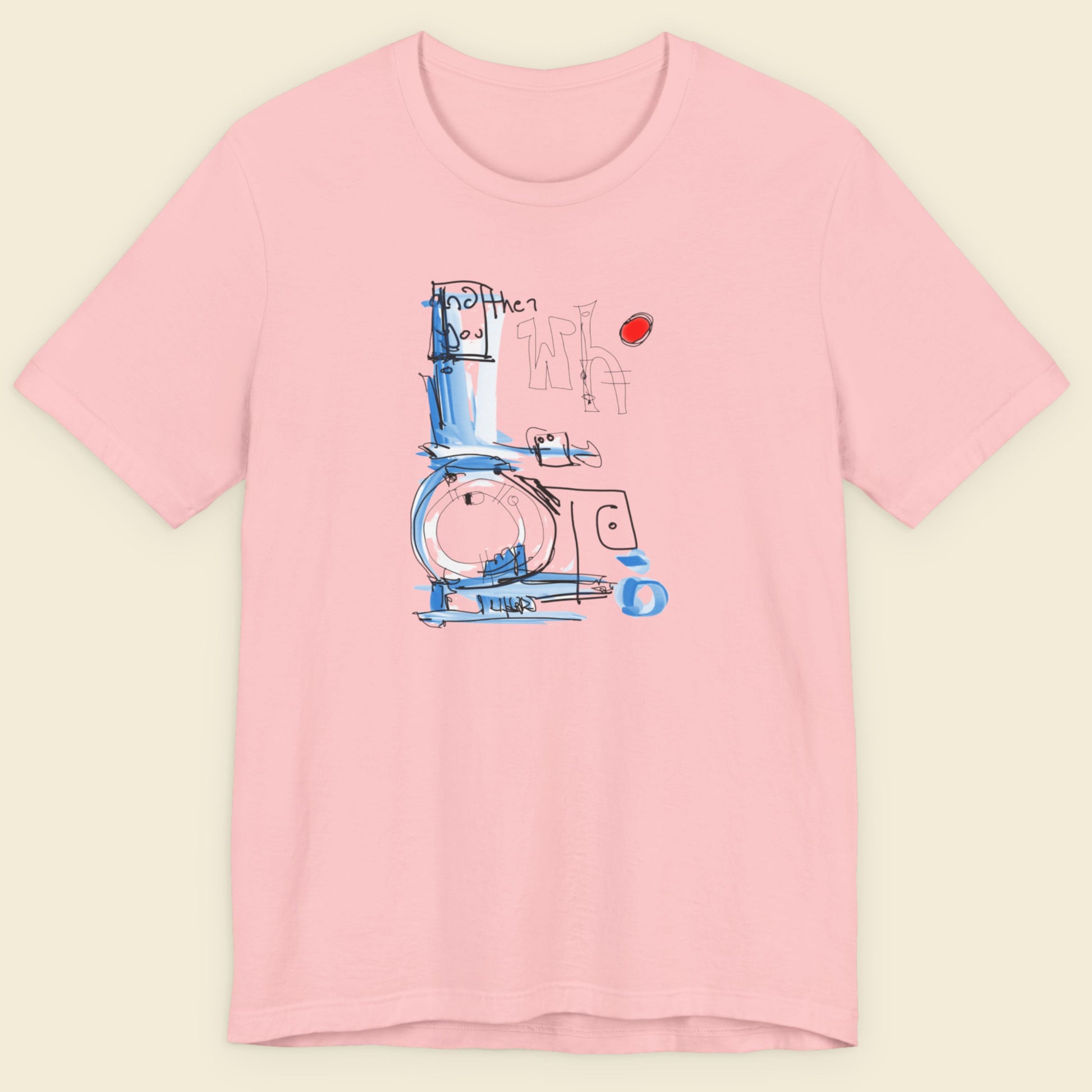 Pink t-shirt with a colorful abstract drawing on a beige background.