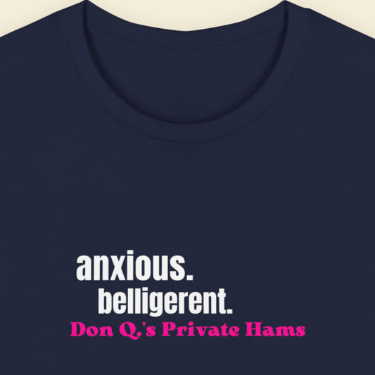 Navy blue t-shirt with white and pink text on a beige background.
