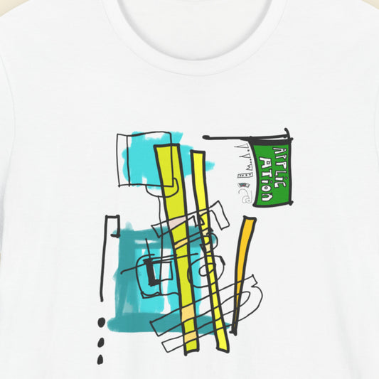 White t-shirt with a colorful abstract drawing on a beige background.