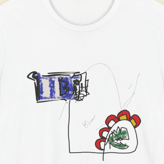 White t-shirt with a colorful abstract drawing.